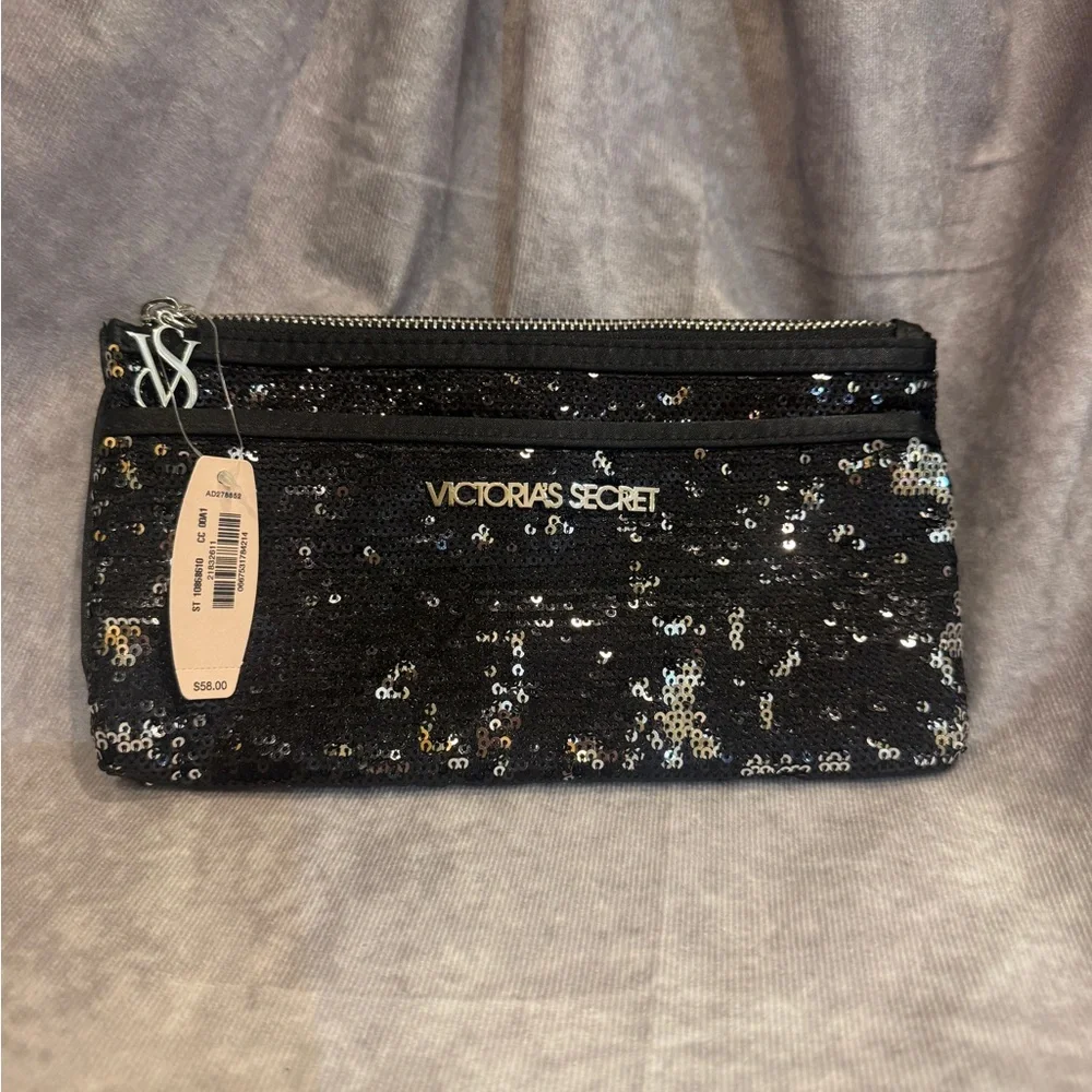 Victoria's Secret Black Sequin Wristlet  with Gold Logo‎ NWT